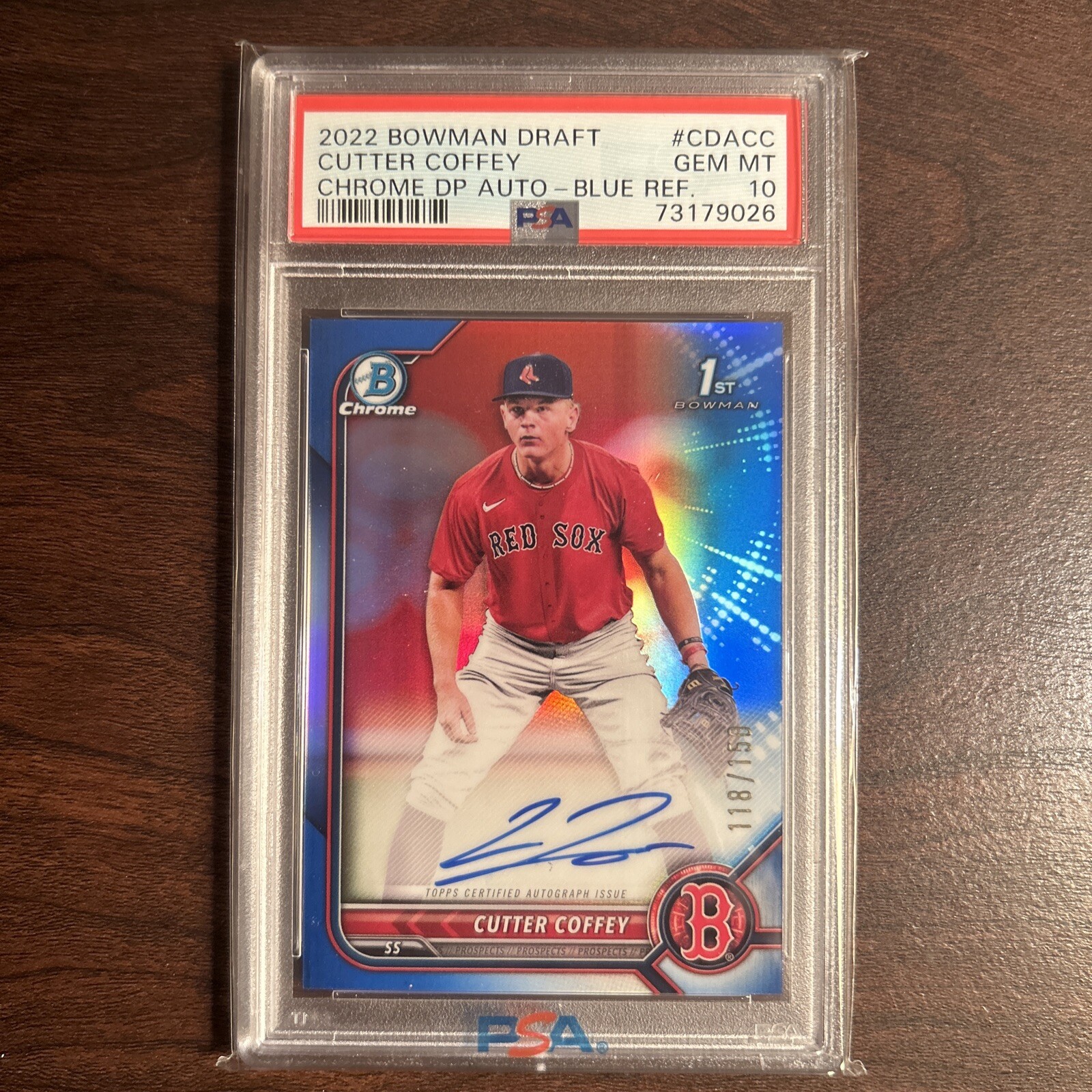 2022 Bowman Chrome Cutter Coffey 1st Blue Refractor Auto /150 PSA 10 Blue Jays