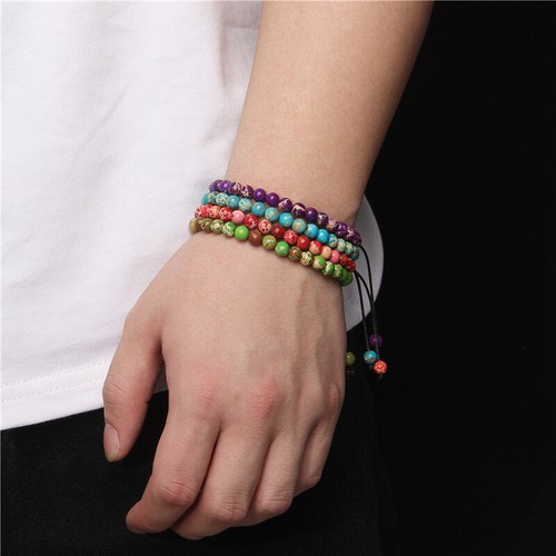 Bracciale Regolabile Perline In Pietra Naturale 6MM Tessuto Rotondo Fatto a Mano - Foto 6 di 104