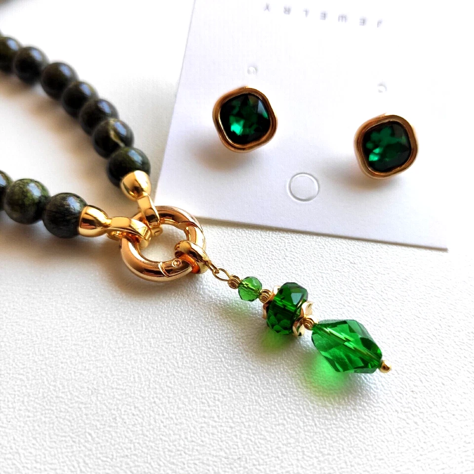 New Set Necklace natural gemstone Serpentine hypoallergenic Earring Gold Plated  — 第 2/4 张图片
