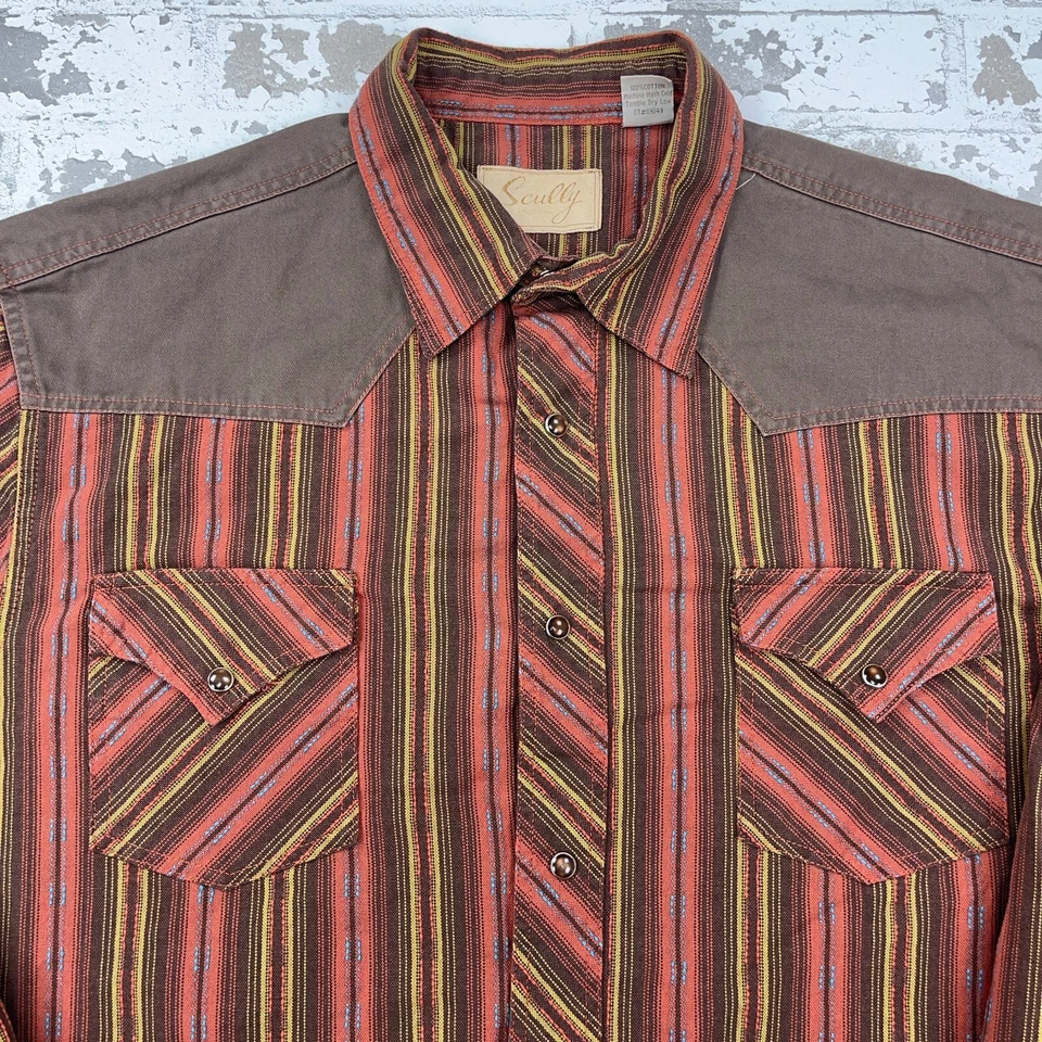 Camisa Scully Hombres Grande Naranja Marrón Rayas Perla A Presión Vaquero South Western Yugo Foto 2 de 4