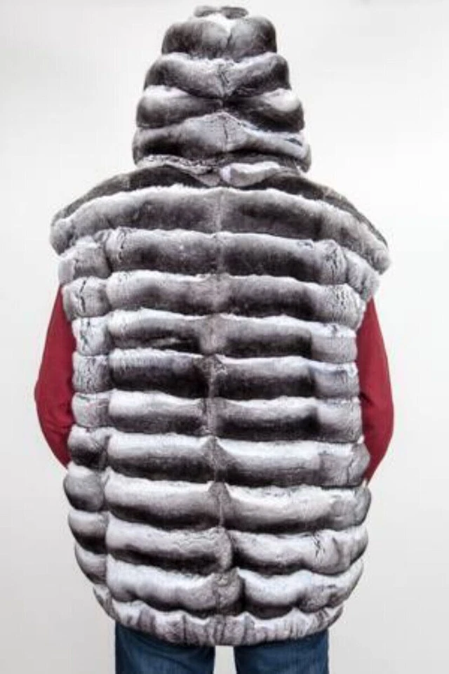 Natural Men Real Rex Rabbit Fur Vest Chinchilla Hood Waistcoat Winter Warm Gilet - Image 4 of 4