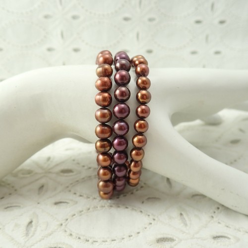 Set of 3 Fine Genuine Copper Plum Cultured Pearl Stretch Bracelets - Picture 4 of 4