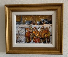 1950'S SUNSET WINTER SCENE OF YOUNG HOCKEY PLAYERS by C. CARON