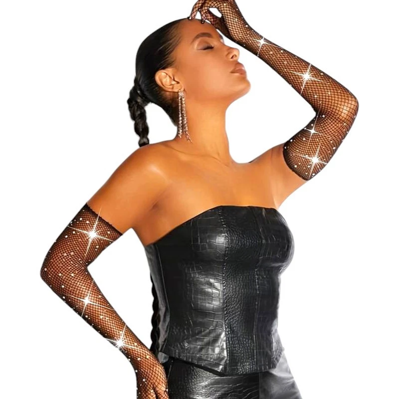 Guanti Opera Lunghi al Gomito Neri in Rete Trama Maglia Fine + Cristalli Strass - Immagine 3 di 4