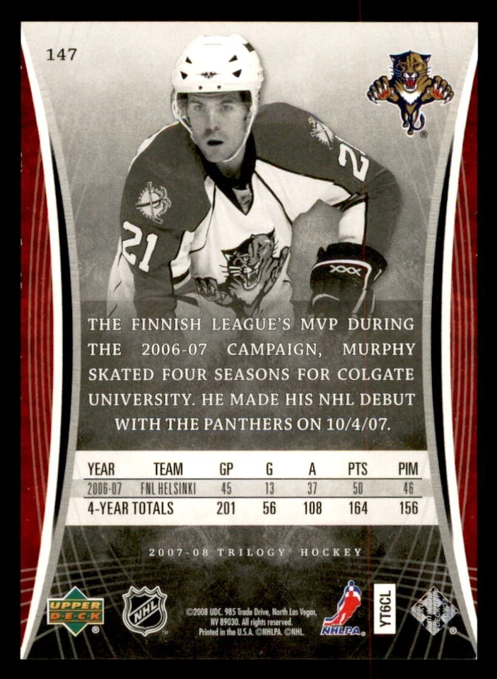 2007-08 Upper Deck Trilogy #147 Cory Murphy Florida Panthers RC 652/999 - Image 2 of 2