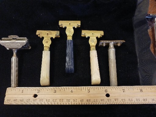 5 Vintage Razor Lot GILLETTE SCHICK gem celluloid SHAVING cream blue silver