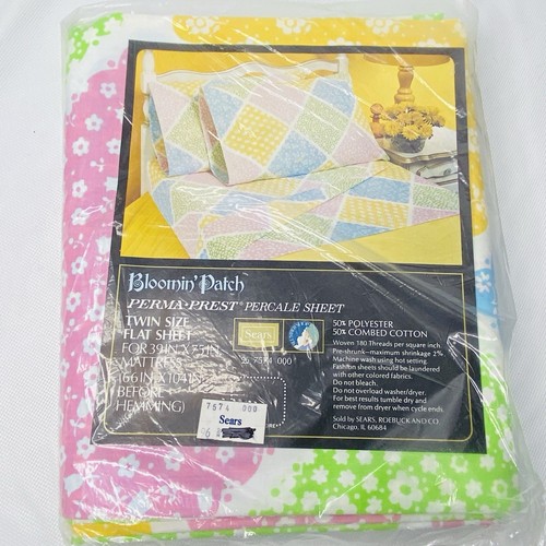 SEARS Bloomin' Patch Twin Flat Sheet Cottagecore Pink Blue Green NOS Vintage