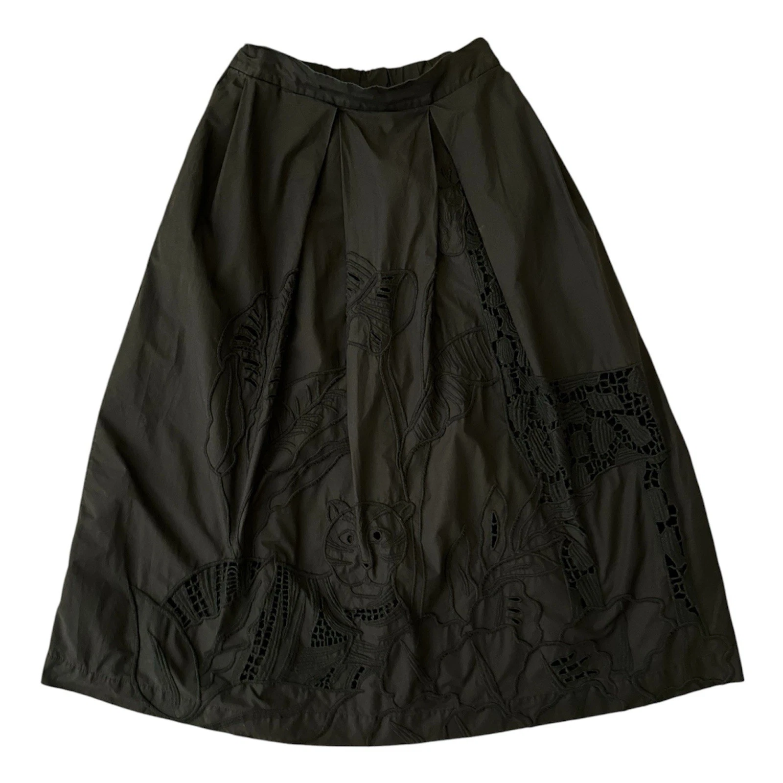 Stella Jean Black Lace Animal Scene Cotton Pleated Midi Skirt Skirt Size IT 44