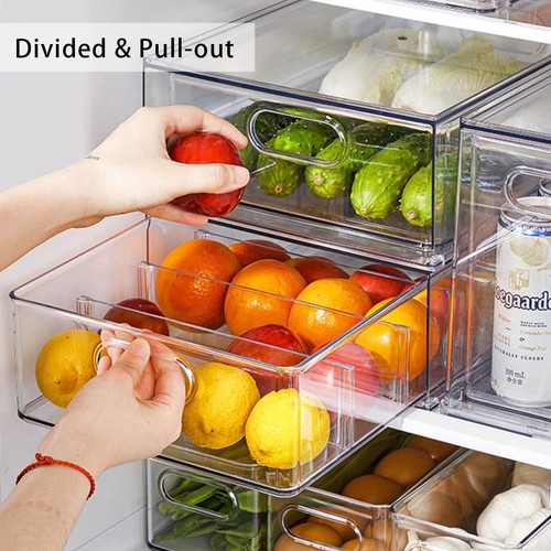 Fridge Drawer Pull Out Stackable Bins with Handle Clear Refrigerator Drawers ... - Picture 2 of 7