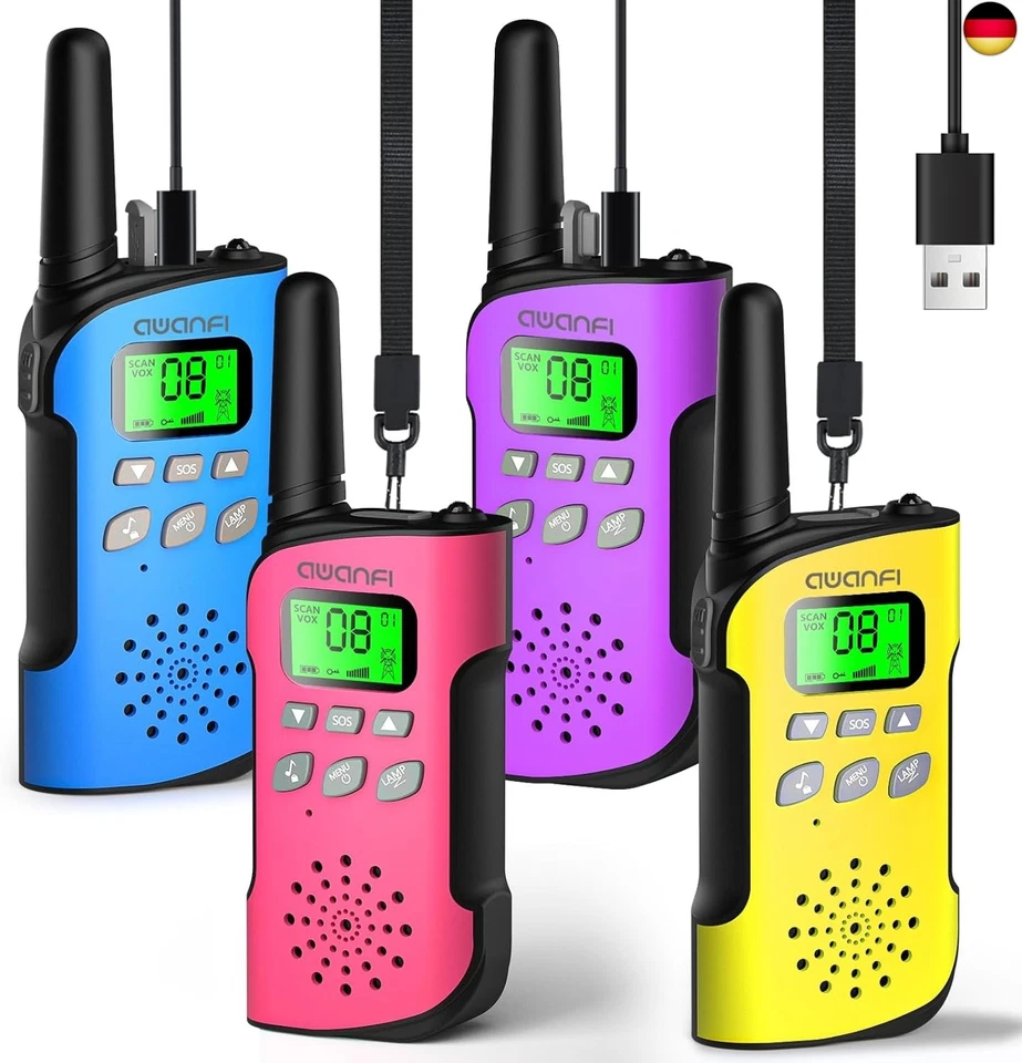 AWANFI Walkie Talkie für Kinder 4er Set, Walkie Talkie Aufladbar mit Li-ion