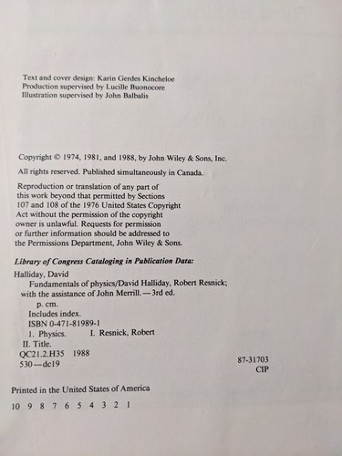 Vintage Third Edition 1988 Fundamentals Of Physics - by Halliday, Resnick - Picture 3 of 4