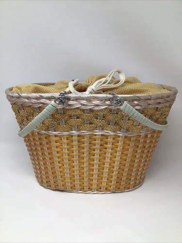 Vintage MCM Plastic Weave Style Basket Drawstring Fabric Lined w Handles Flowers - Picture 5 of 16