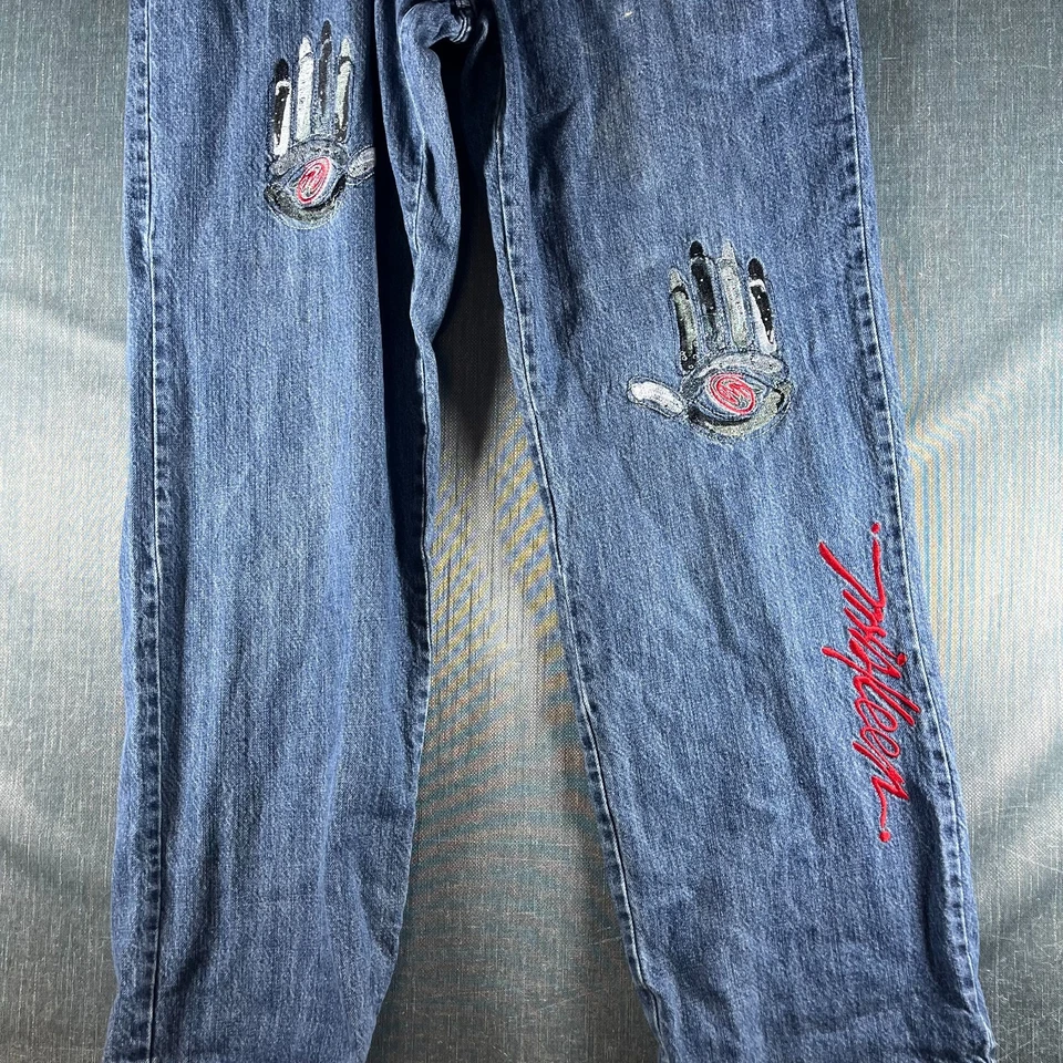 Pantalones de mezclilla para hombre MISKEEN originales talla 34 M azul bordado a mano Y2K ropa de calle Foto 3 de 4