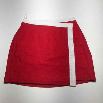 Bagatelle Skirt Womens S Linen Blend Red w/ White Trim Asymmetric Faux-Wrap Mini