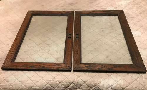 ANTIQUE SALVAGED WOOD FRAME SLIDING GLASS DOORS - SET of 2 - OAK FRAME / GLASS - Picture 3 of 13