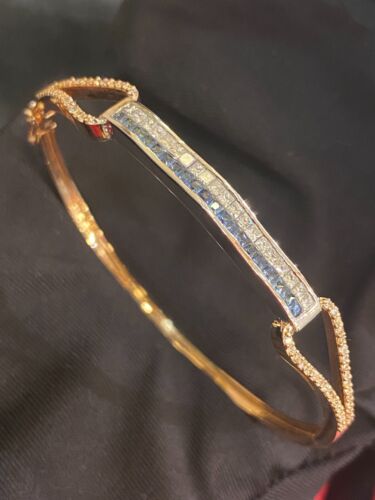 2.20 Cts Princess Round Cut Diamonds Unisex Sapphire Bangle Bracelet In 18K Gold - Picture 2 of 12