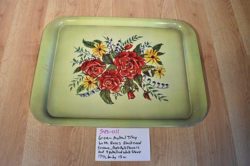 Vintage 6 Metal Trays Green With Red Roses(543-011) - Picture 4 of 13