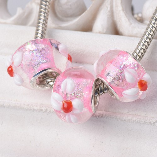 5pcs Round Glittery Lampwork Flower Glass Loose European Charms Big Hole Beads - Picture 14 of 18