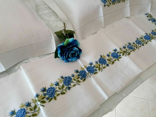 Rich sheet in pure linen with Flowers handmade - Picture 11 of 12