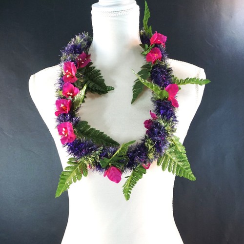 Hawaiian Lei Pink Bougainvillea w Ferns Eyelash Yarn Tie-Ribbon Faux Kukui Nut - Picture 6 of 6