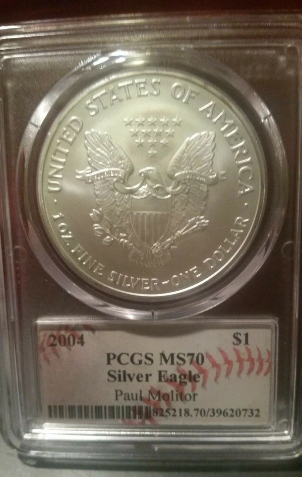 Dólar Silver Eagle 2004 1 oz (firma Paul Molitor-HOF) GRADUACIÓN PROFESIONAL MS70 -- 1 de 25 Foto 2 de 2