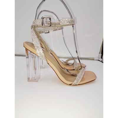 Dream Pair Rhinestone Clear Chunky Transparent Block High Heels Strappy Shoe 8.5