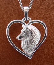 Sterling Silver Sheltie  Shetland Sheepdog Head Study On A Heart Frame Pendant