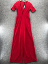 Nasty Gal Jumpsuit Womens 2 Red Plunging VNeck Wide Leg Short Sleeve Stretch NWT