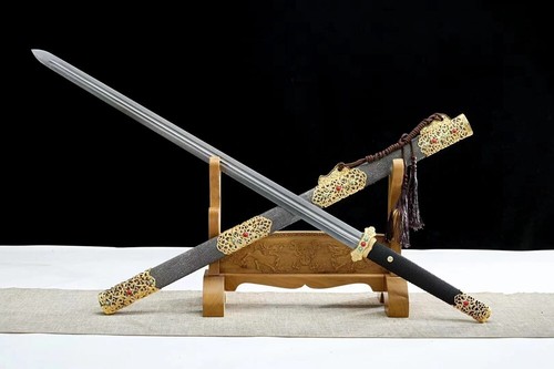 Espada de la dinastía Tang china de tradición fina doble filo plegable hoja de acero Damasco - Imagen 10 de 11