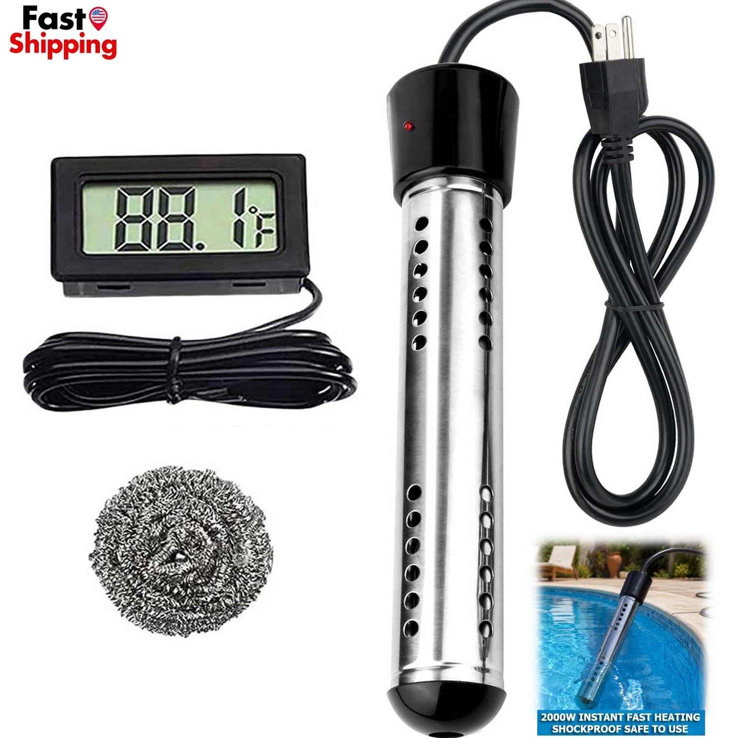 Immersion Water Heater 2000W Portable Pool Heater Fast Heating w/ Auto Shutoff