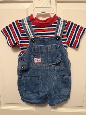Baby Beluga Toddler Boys Denim Overalls Romper Outfit 12M Vintage 90 s