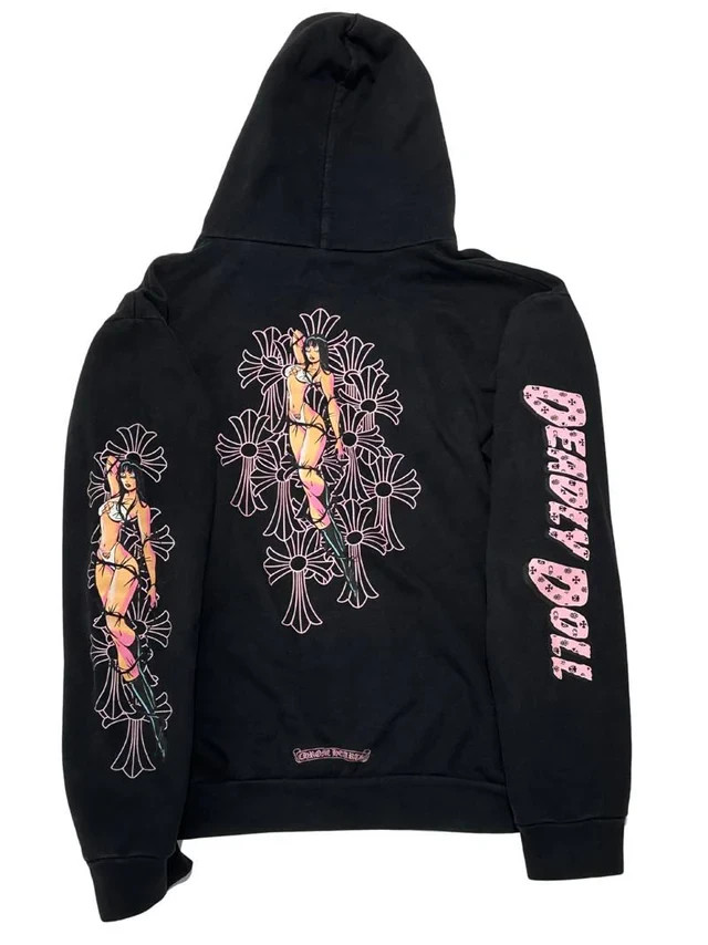 Used Chrome Hearts Deadly Doll Pink Cross Scroll Zip-Up Hoodie (XL