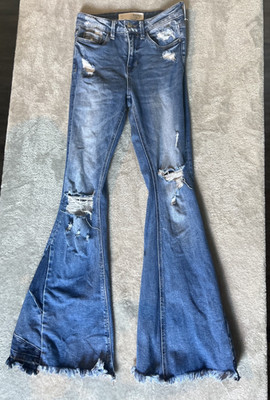 Bridge By Gly Low Rise Flare Distressed Worn Blue Patchwork Womens Jean Size 24