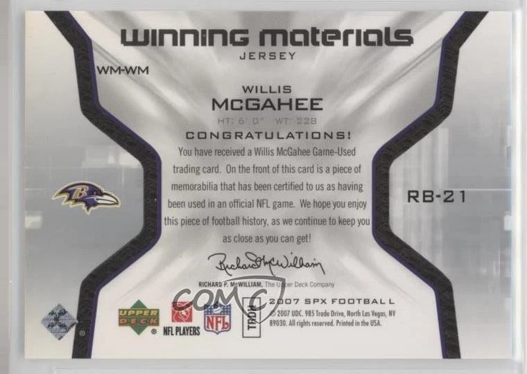 2007 SPx Winning Materials Jersey Number Willis McGahee #WM-WM - Image 2 of 2
