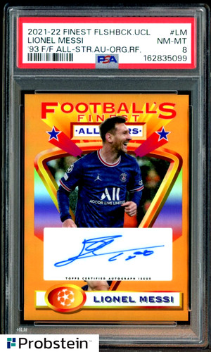 2021 Topps Finest Flashbacks Soccer Orange Refractor Lionel Messi AUTO /10 PSA 8