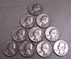Washington Silver Quarters Lot of 10 Circulated 25C US Coins 90% Silver