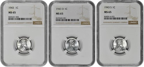 1943 P D S 1c Lincoln Steel Wheat Cent NGC MS 65 Three Coin Lot