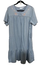 Vintage National PXL Maxi Dress Denim Chambray Floral Embroidery Ruffle Hem