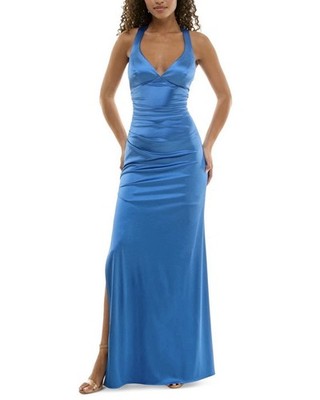 B. Darlin Juniors' Strappy-Back Satin Gown - Cornflower - 3/4