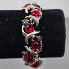 Vintage Silver-Tone Bracelet W/ Ruby Red Glass  AB Aurora Borealis Rhinestones
