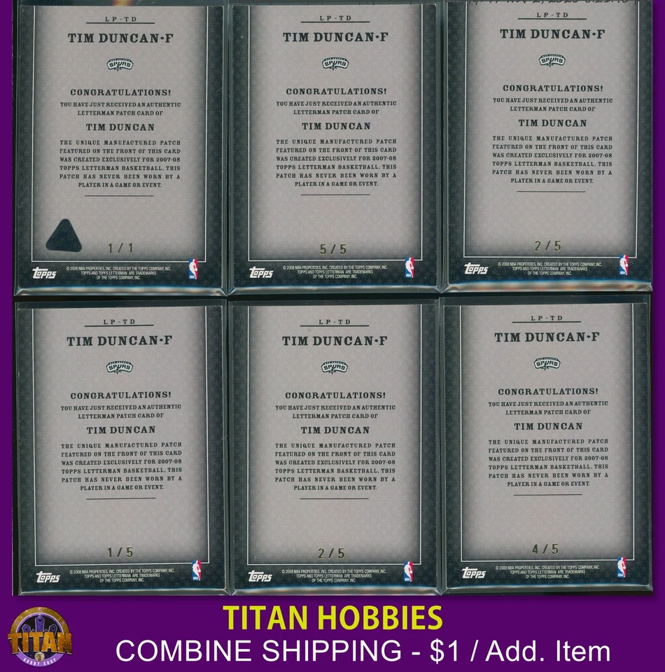 2007 Topps Letterman Patch GOLD VINYL #TD Tim Duncan 1/1 Letterman PATCH SET (6) - Image 2 of 2