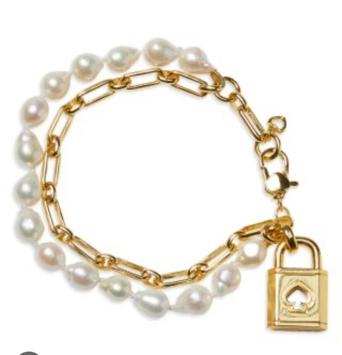 Bracciale Kate Spade con perle e catena lucchetto e vanga 10 mm Z26z nuovo con etichette