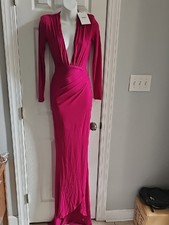 Nookie NWT Fuchsia Long-Sleeve Plunge V-Neck Draped Gown
