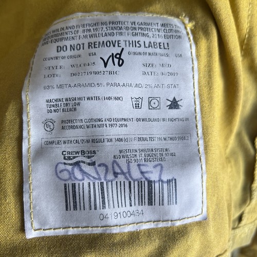 CREW BOSS WESTERN SHELTER ARAMID WILDLAND FIRE JACKET Medium YELLOW Made 2019 - Picture 2 of 5