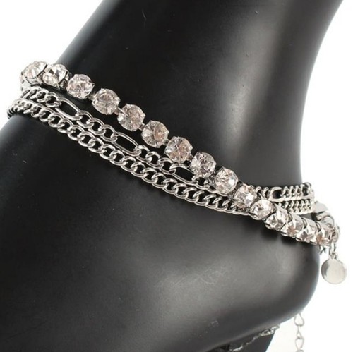 Silver Rhinestone Crystal Chain Link Butterfly Pendant 3 Layered Anklet Metal - Picture 2 of 3