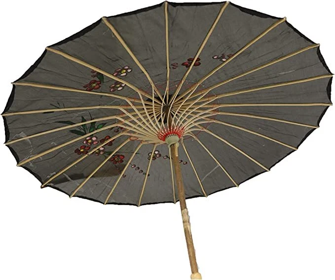Sombrilla paraguas decoración 32" pulgadas de diámetro negro patrón floral madera bambú nailon Foto 2 de 3