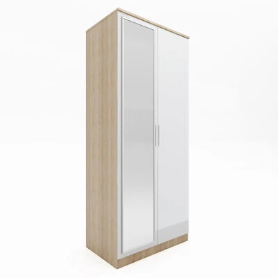 ELEGANT White 2 Door Wardrobe With Mirror High Gloss Bedroom Furniture Storage