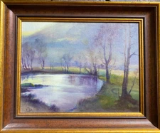 Oil Painting Monograph Dreamy Forest Lake In Morning Mist And Forest Clearing