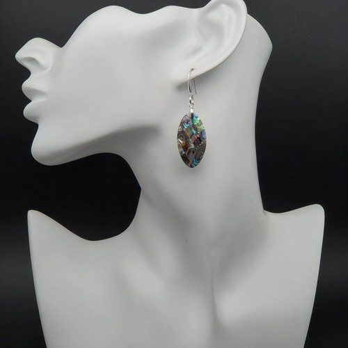 Paua Earrings Oval Rainbow Abalone Shell Dangle Drop Boho Sterling Silver Hooks - Picture 13 of 17