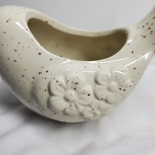 Glazed White Brown Speckled Sweet Bird Flowers Small 3.5" Mini Holder Planter - Picture 7 of 11
